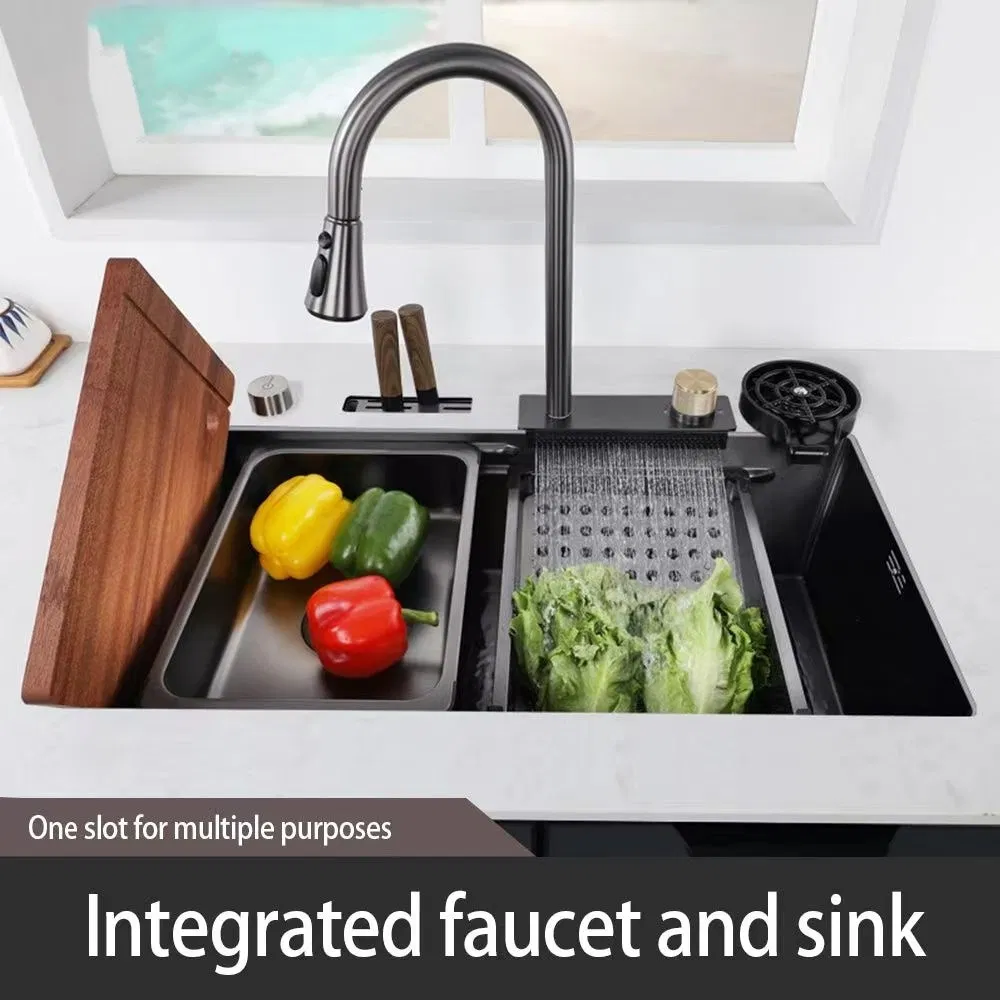 Black Luxury Modern 304 Stainless Steel Multifunctional Waterfall Kitchen Sink