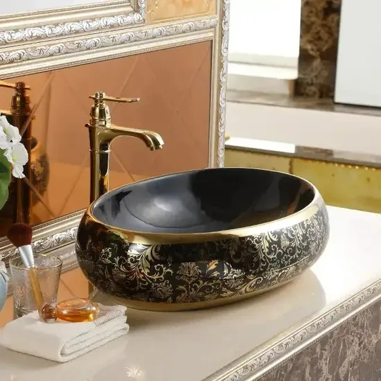 High Quality Luxury Modern Art Basin Sanitary Ware Ceramic Gold Black Bathroom Sink Counter Top Hand Wash Basin