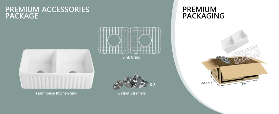 33 Inch Double Bowl White Kitchen Sink Apron Front Ceramic Porcelain Fireclay Farm Deep Sinks